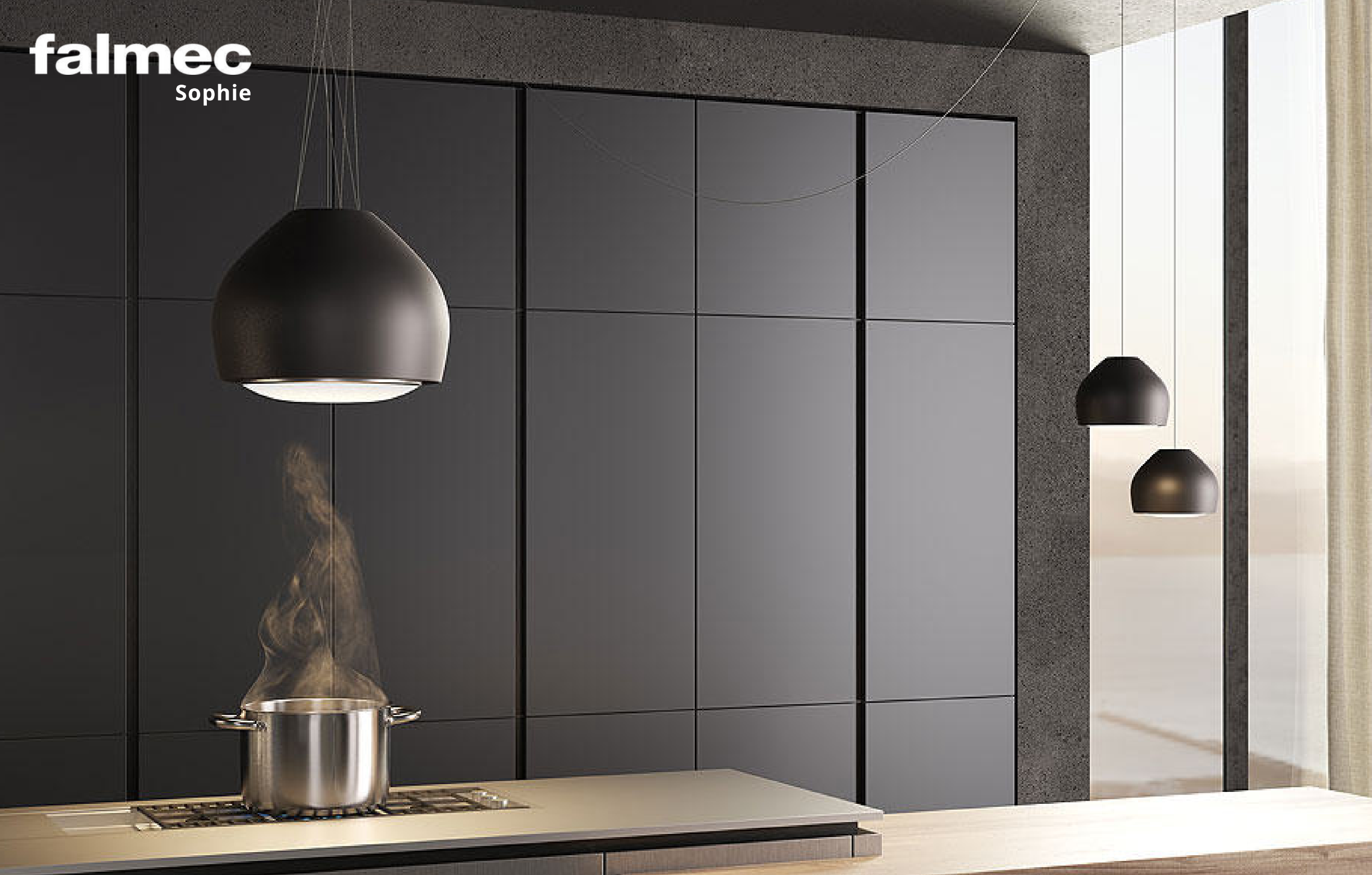 Render de ambiente con campanas colgantes Falmec Sophie negras extrayendo vapor sobre una olla