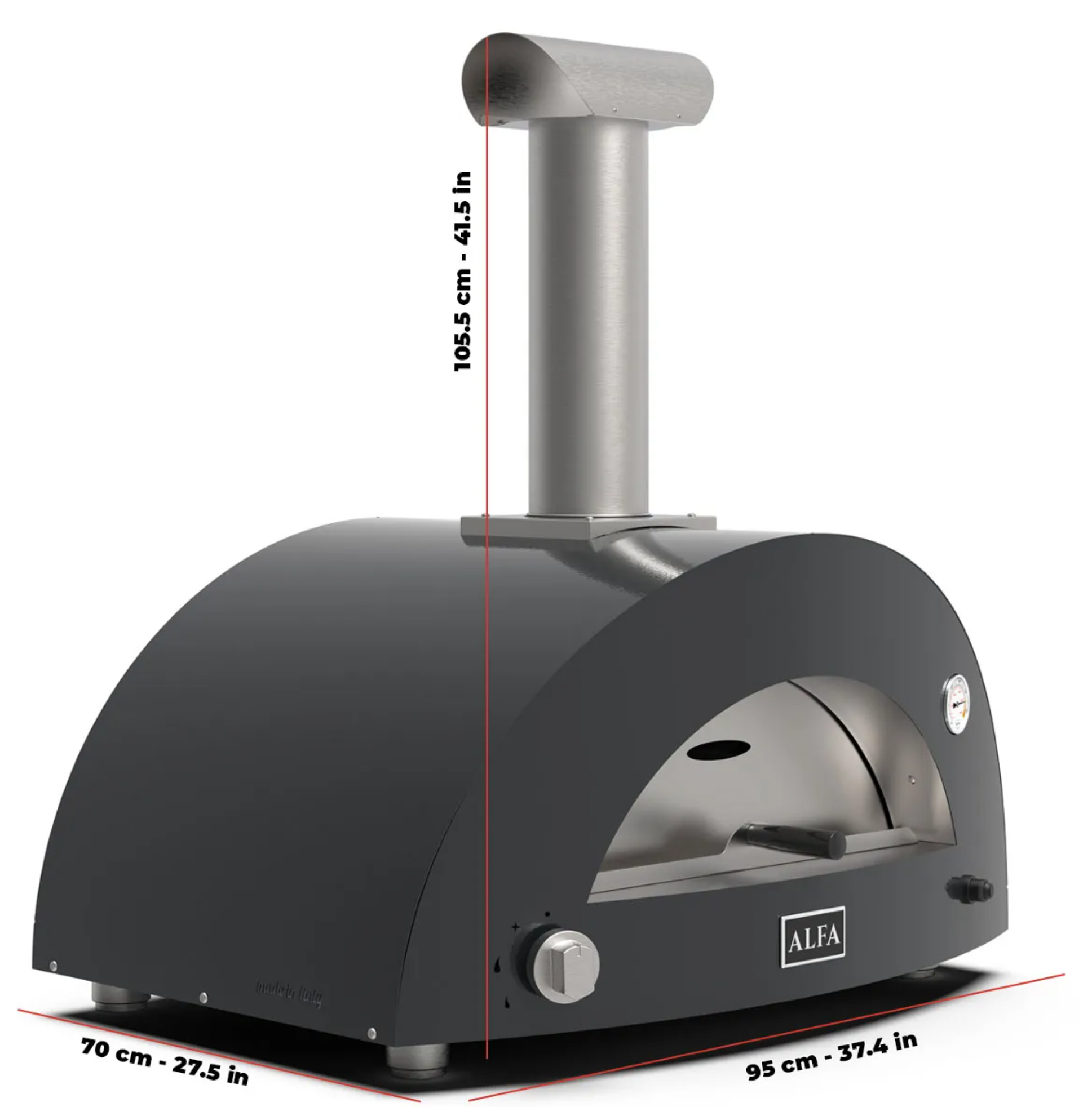 Horno de pizza Alfa Forni gris con cotas de medidas y chimenea, vista tres cuartos