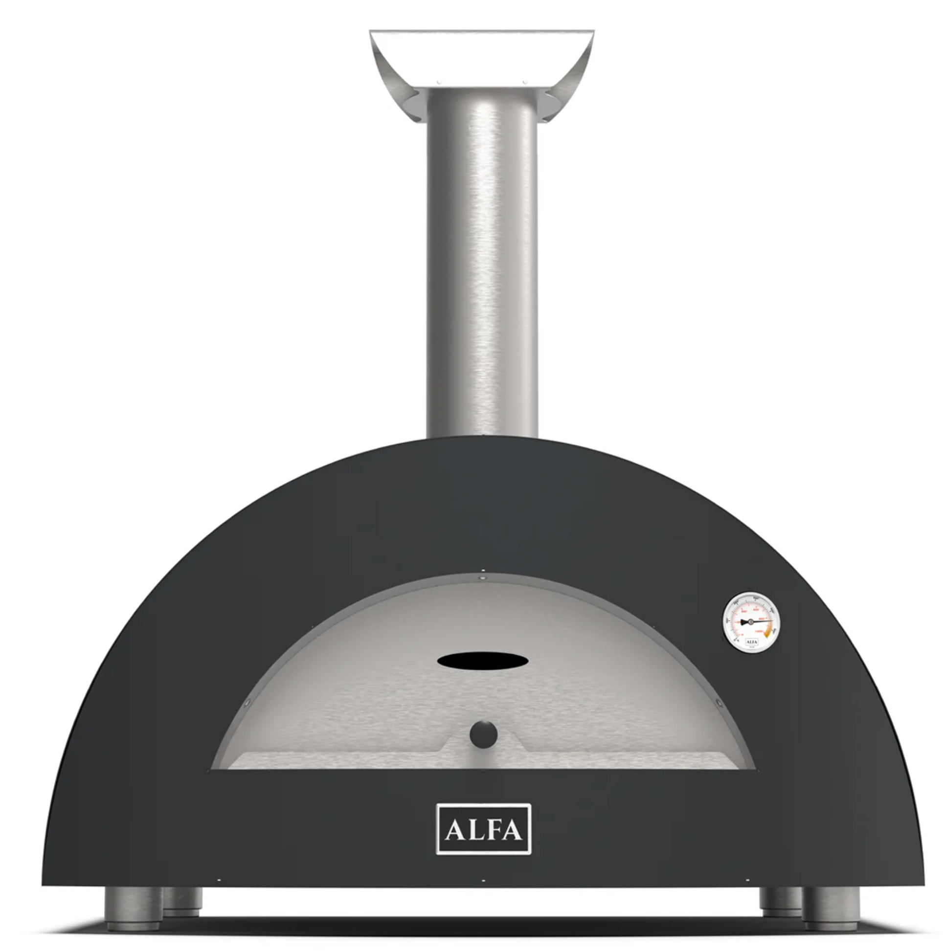 Vista frontal del horno de pizza Alfa Forni gris con termómetro, chimenea y boca de cocción