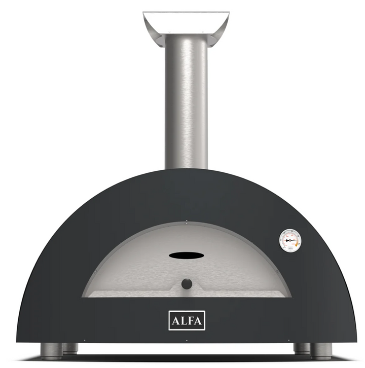 Vista frontal del horno de pizza Alfa Forni gris con termómetro, chimenea y boca de cocción