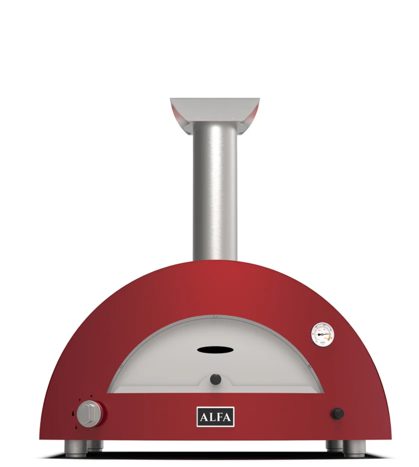 Horno de pizza a gas Alfa Forni rojo con perilla, termómetro y chimenea de acero inoxidable